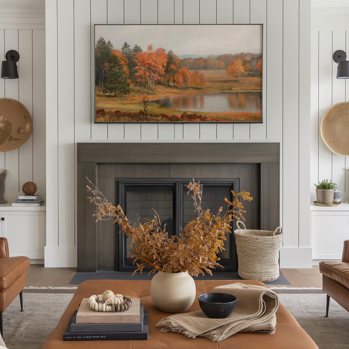 Rustic Autumn Lake Landscape Orange Trees Pond Fall Scenery TV Art - Image 3