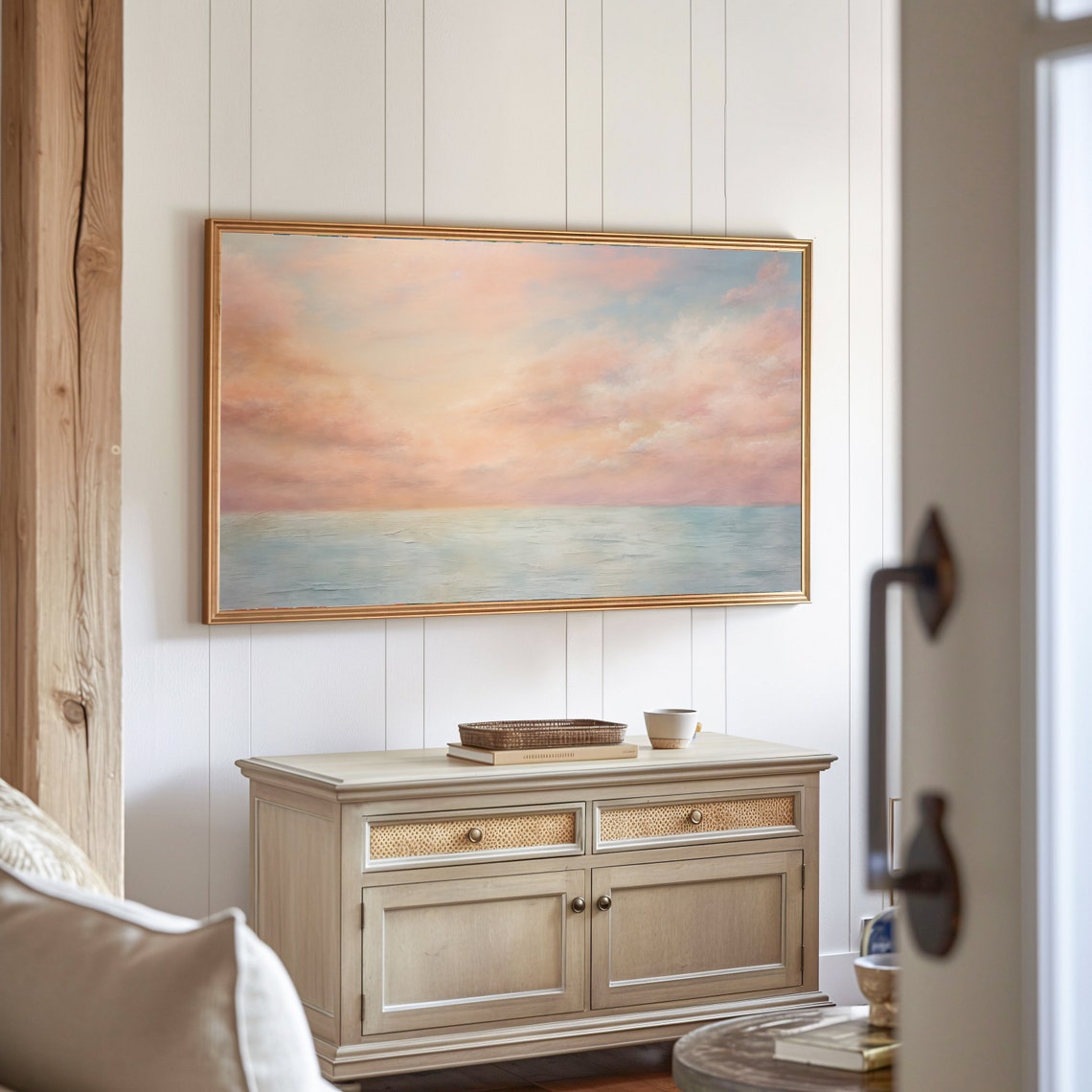 Soft Pink Sky Calm Sea Pastel Sunset Seascape Serene Art Poster - Image 3