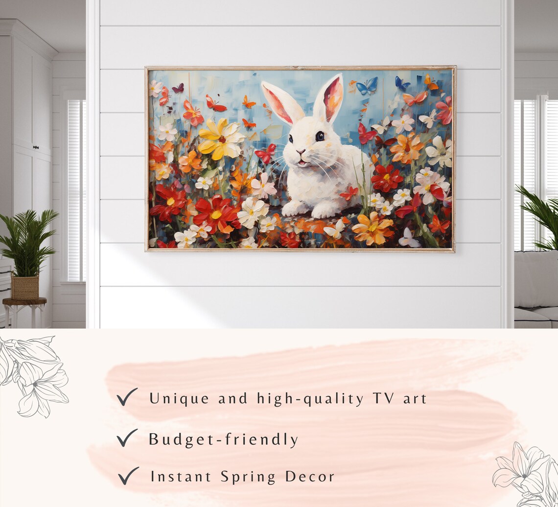 Easter Bunny Butterflies Colorful Wildflower Garden Oil Poster - Image 3