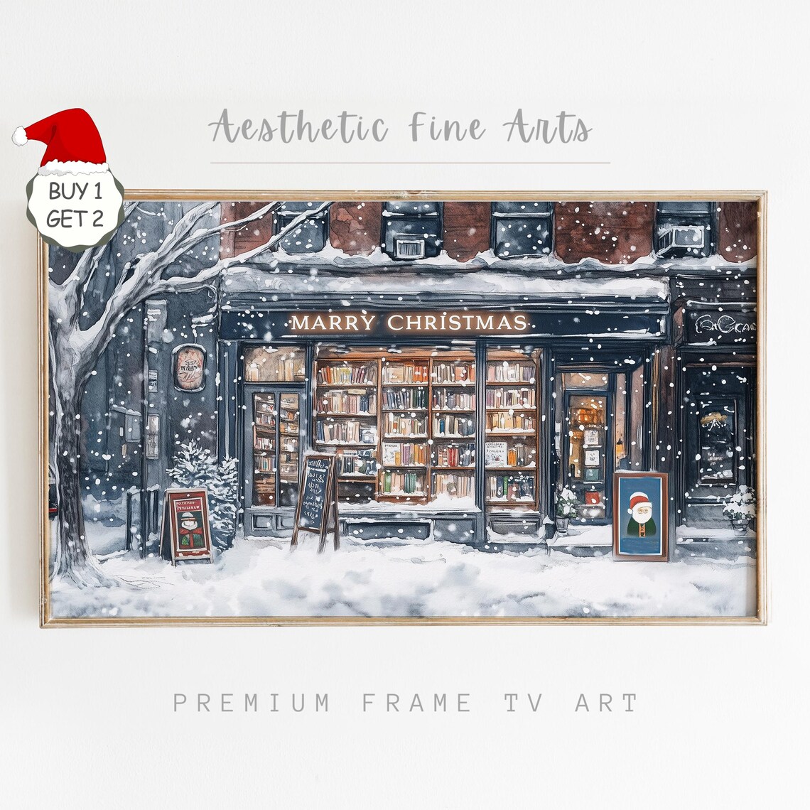 Vintage Snowy Bookstore Christmas Storefront Night Scene Art Poster