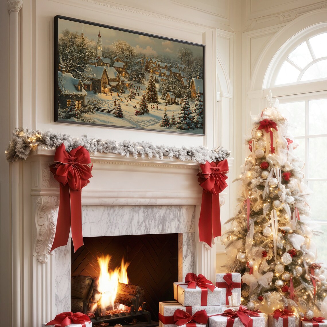 Vintage Christmas Town Dusk Church Steeple Cabins Snowy Holiday Poster - Image 3