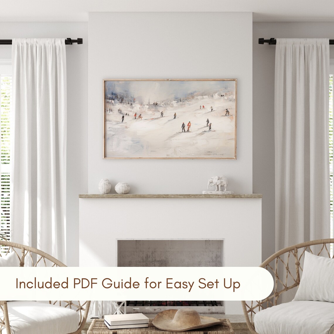 Skiers Snowy Slope Winter Impressionist Sports Oil Painting Art - Image 3
