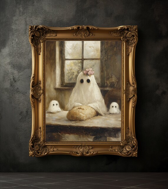 Cute Ghost Family Baking Bread Halloween Vintage Oil Painting Poster
