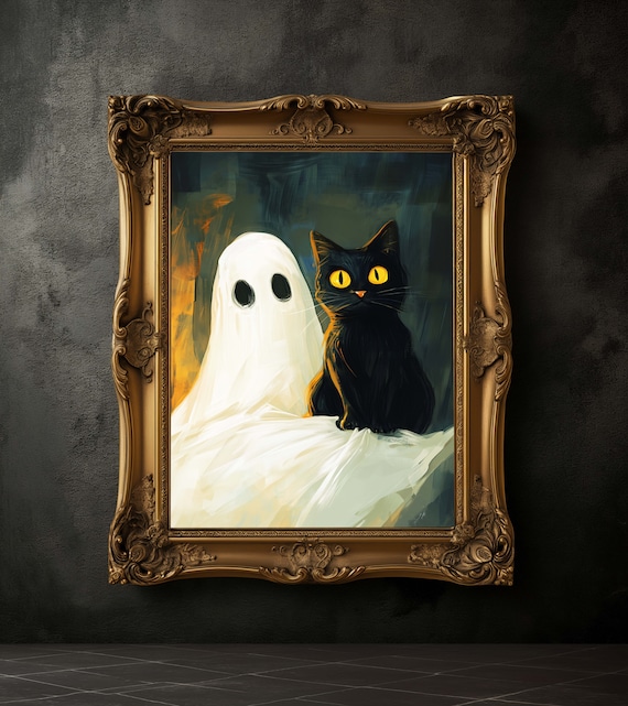 Cute Ghost Holding a Black Cat Halloween Spooky Painterly Art Poster