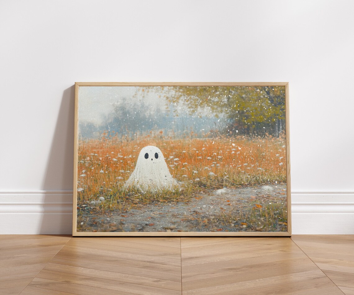 Cute Ghost In Misty Autumn Field Orange Flowers Halloween Poster - Image 3