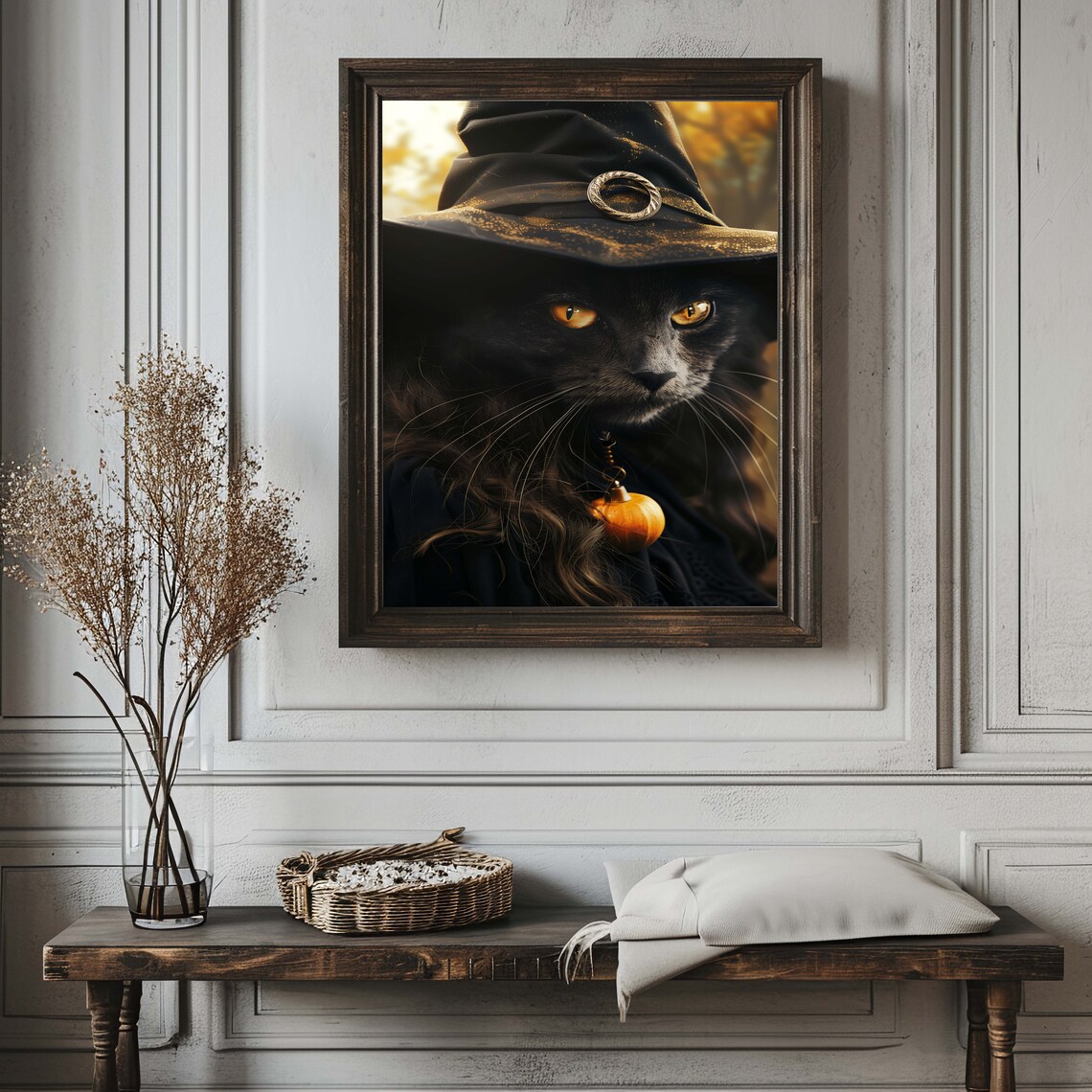 Black Cat In Witch Hat With Pumpkin Pendant Halloween Art Poster - Image 3