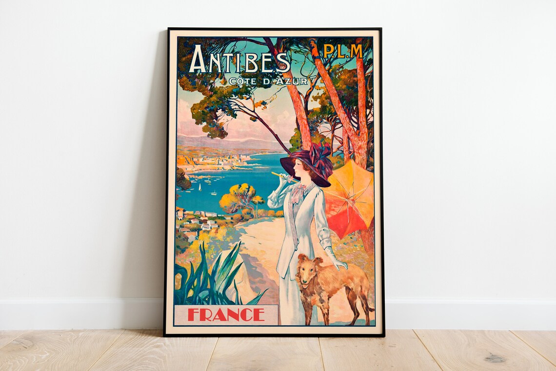 France Antibes Vintage Travel Poster, Woman With Dog - Image 4