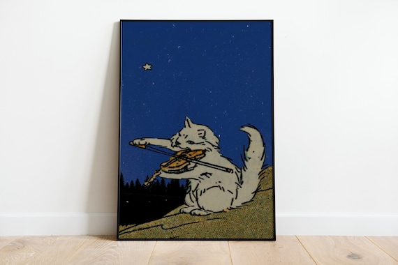 Whimsical White Cat Playing Violin Under a Starry Night Sky Poster