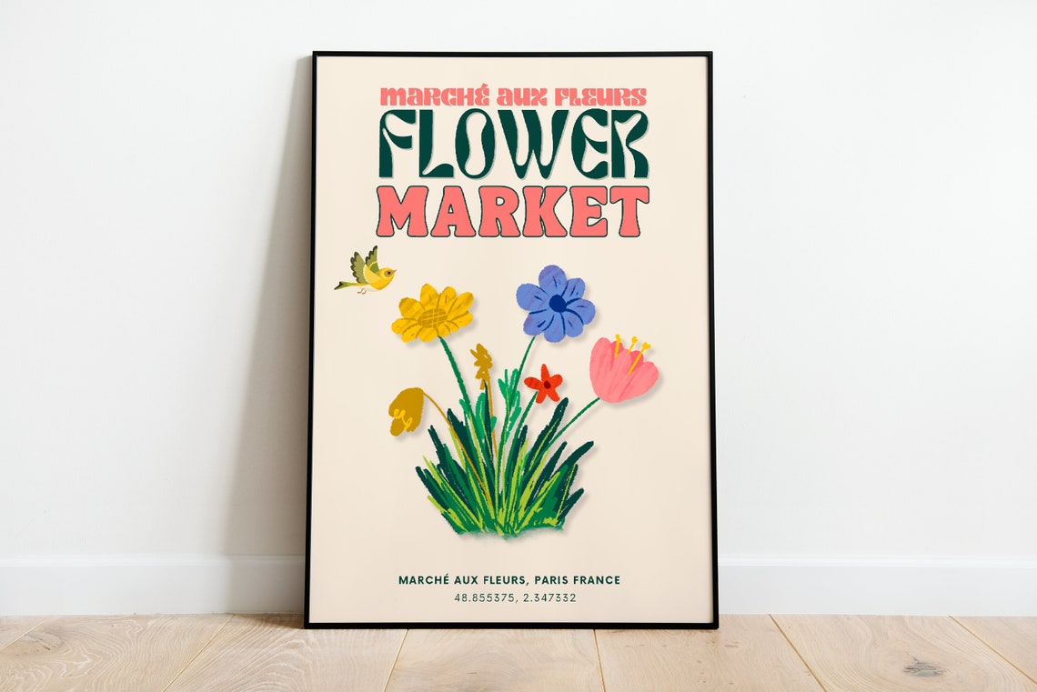 Flower Market March Aux Fleurs Poster Botanical Print Paris France Flower Market Paris Wall Art Botanical Print Floral Poster Decor