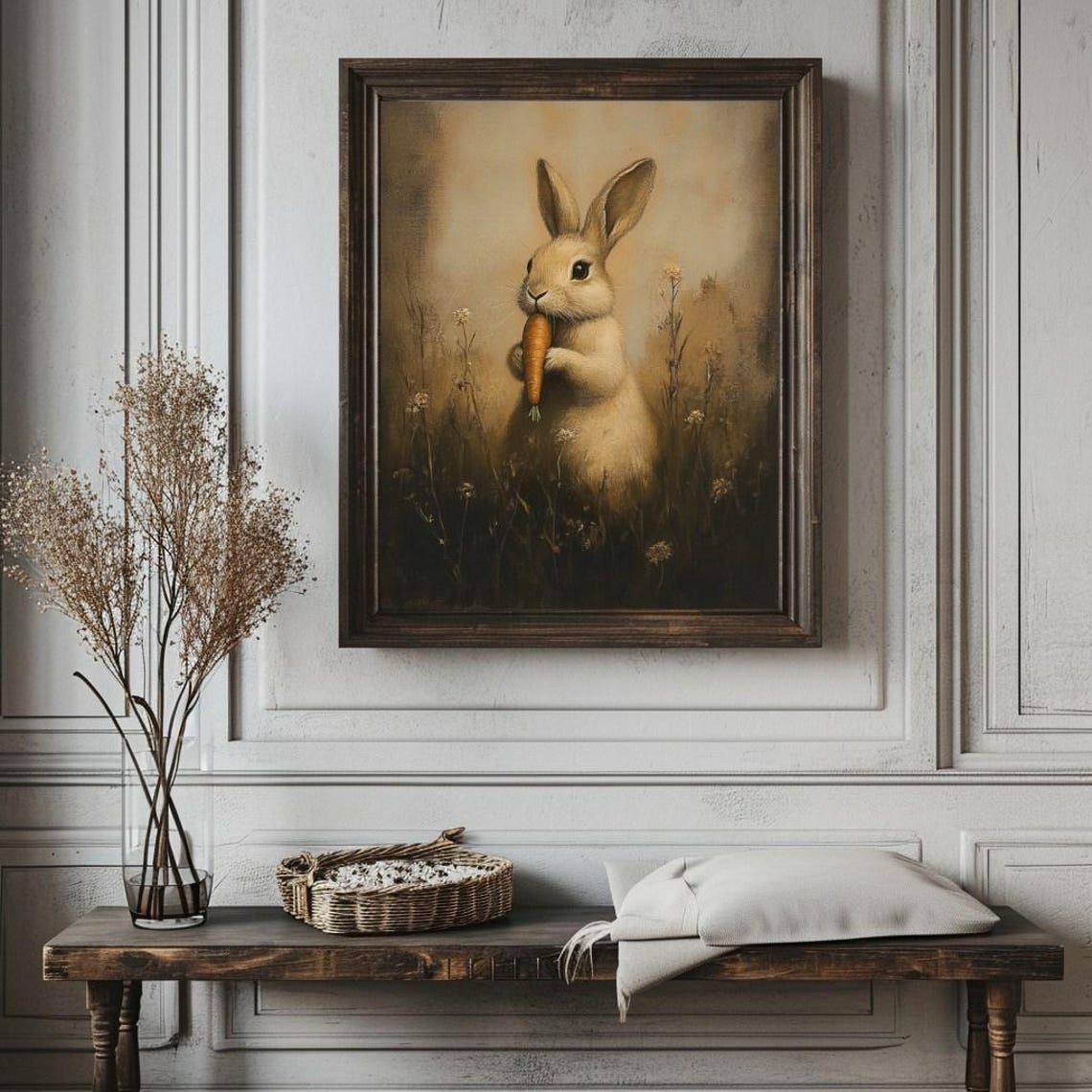 Moody Easter Bunny Eating Carrot, Rustic Art Print - Image 3