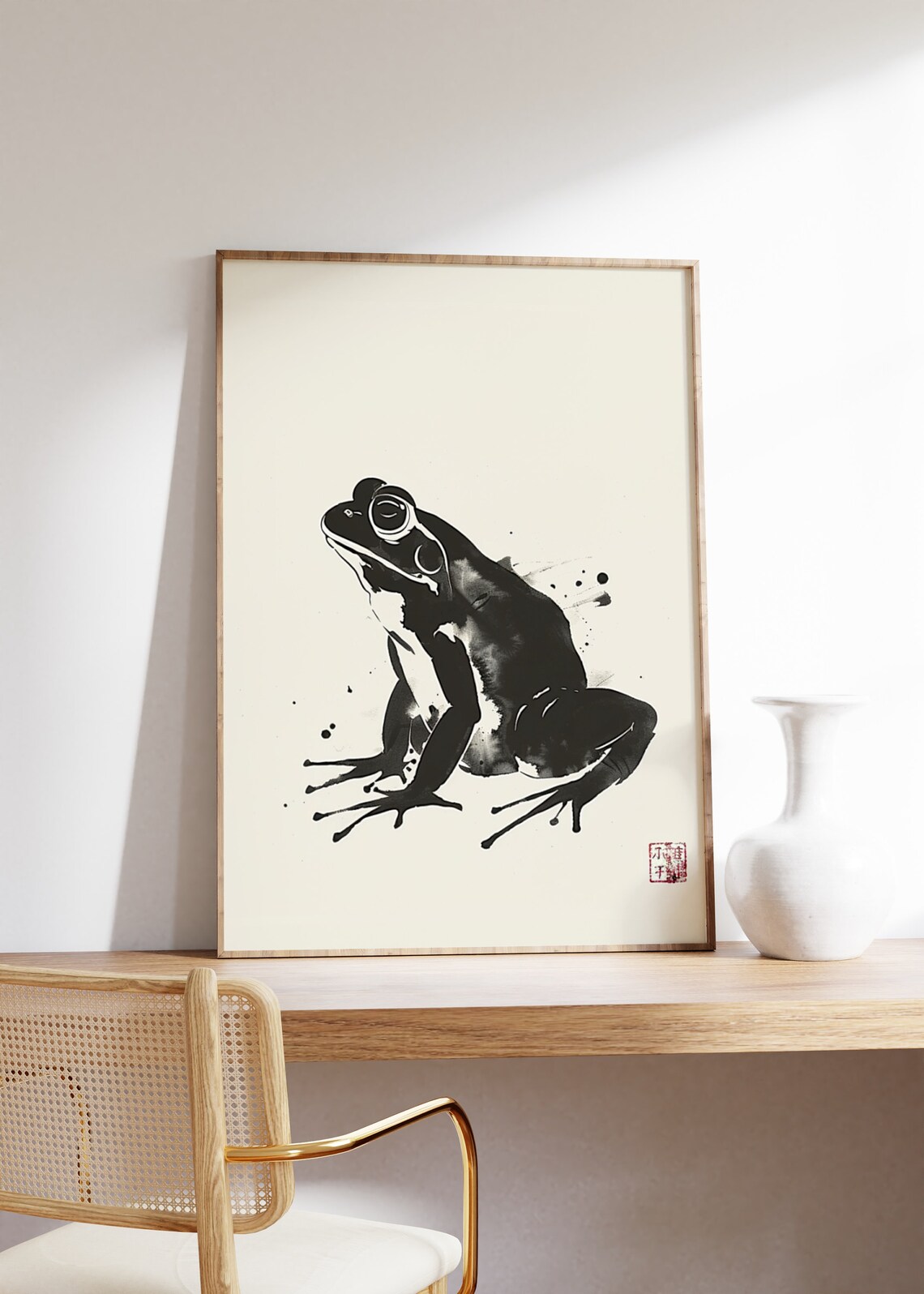 Japanese Black Ink Frog with Red Seal Minimalist Style Poster - Image 3