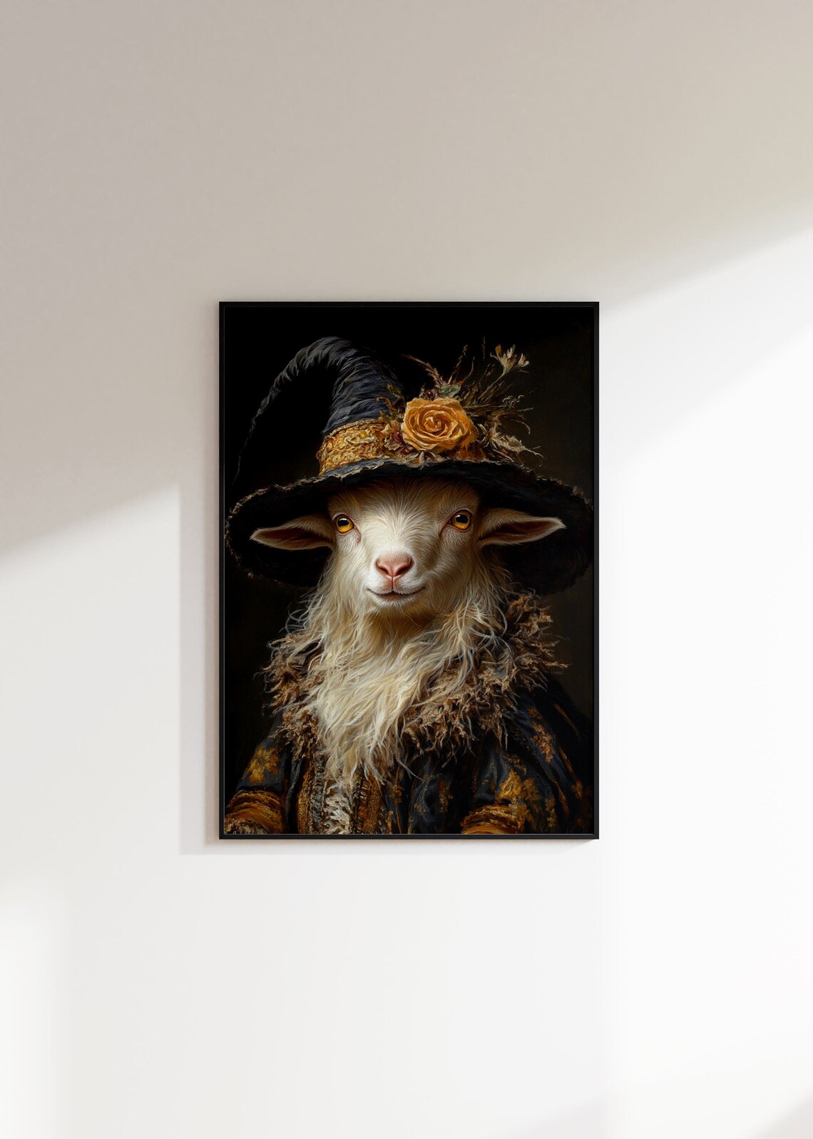 Goat Wearing Witch Hat With Yellow Rose Spooky Baroque Portrait Poster - Image 3