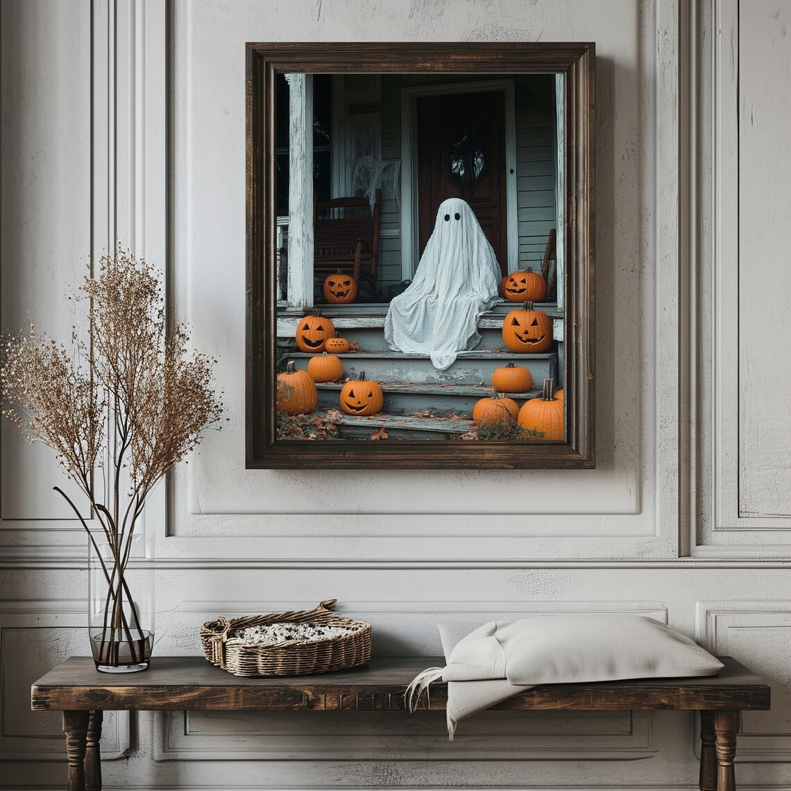 Sheeted Ghost Sitting on Old Porch Steps Surrounded by Pumpkins Poster - Image 3