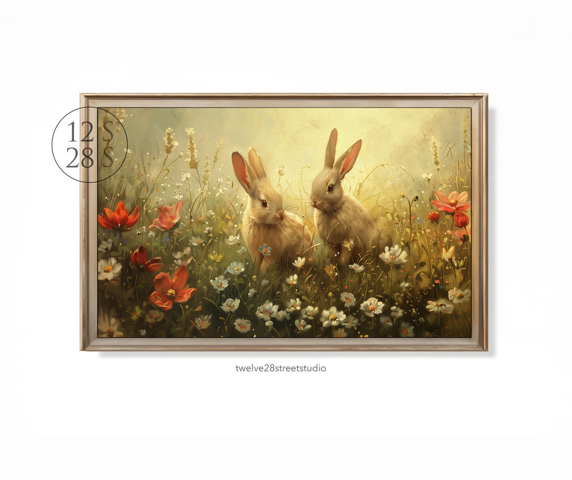 Easter Bunnies Wildflower Meadow Vintage Spring Floral Rabbit Poster