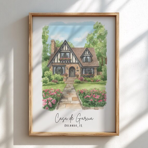 Custom Watercolor House Portrait Wall Art Tudor Cottage Roses Decor