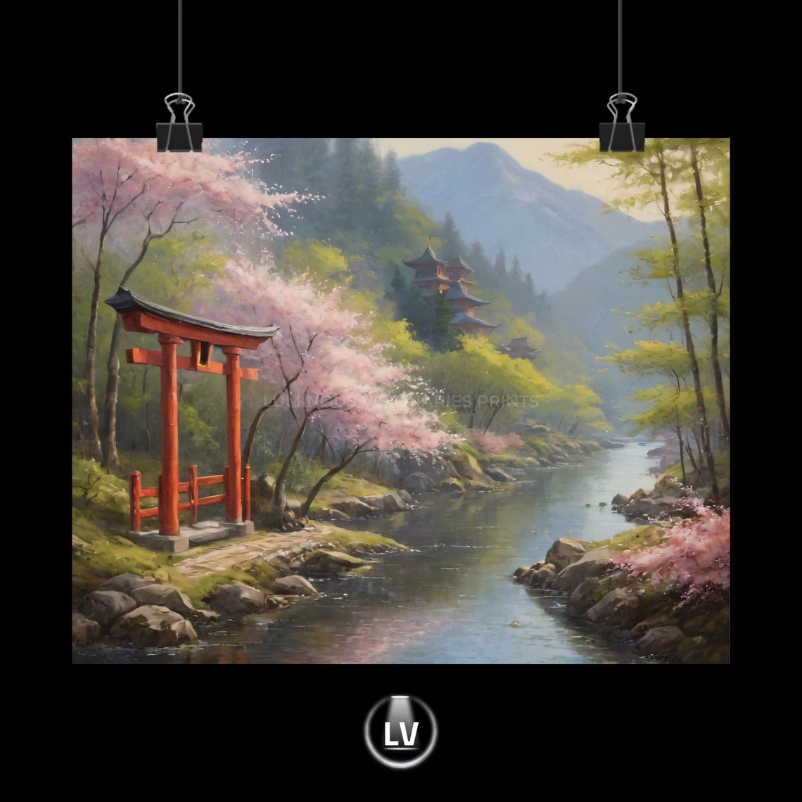 Japanese Torii Gate Painting Poster Cherry Blossoms by the River