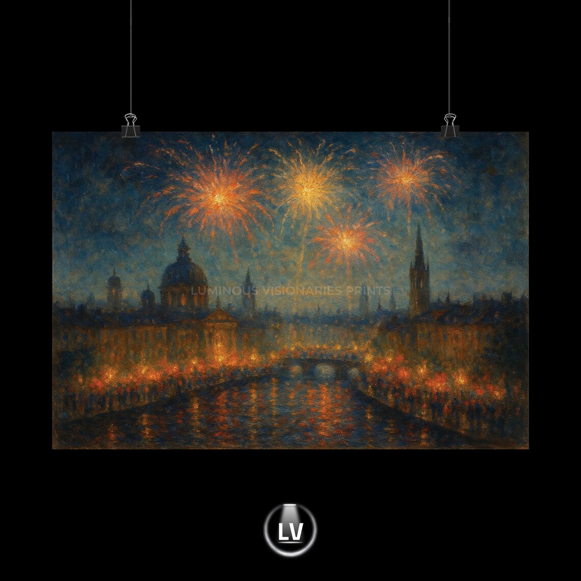 Fireworks Cityscape Travel Poster, Gift For Celebrations