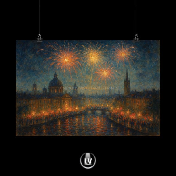 Fireworks Cityscape Travel Poster, Gift For Celebrations