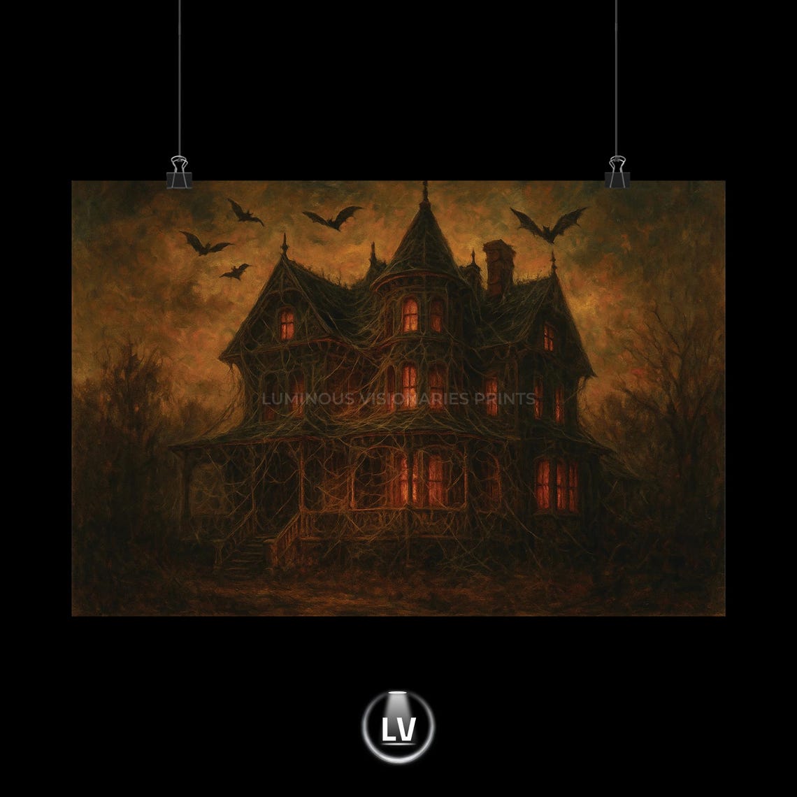Haunted Gothic Mansion Bats Glowing Windows Halloween Night Poster