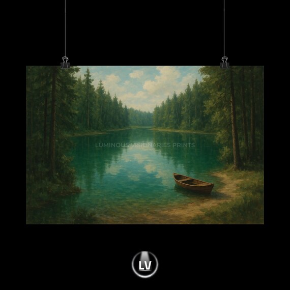 Tranquil Forest Lake Painting Rowboat Pine Trees Nature Art Print