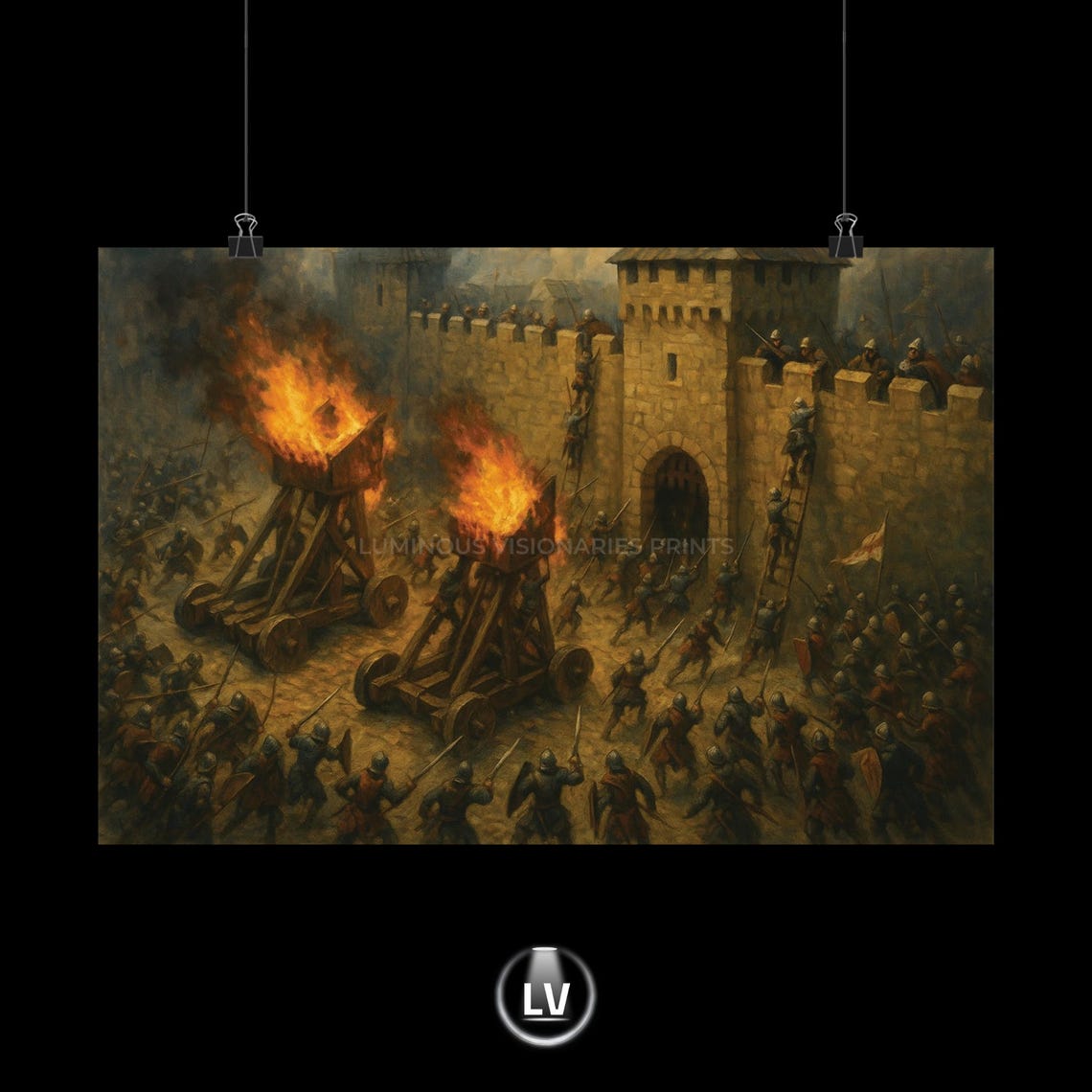 Medieval Castle Siege Burning Towers Knights Battle Scene Poster