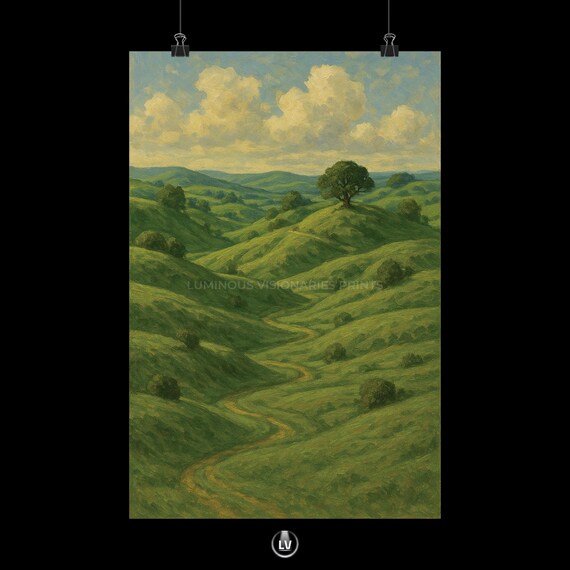 Green Rolling Hills Winding Path Clouds Peaceful Landscape Poster