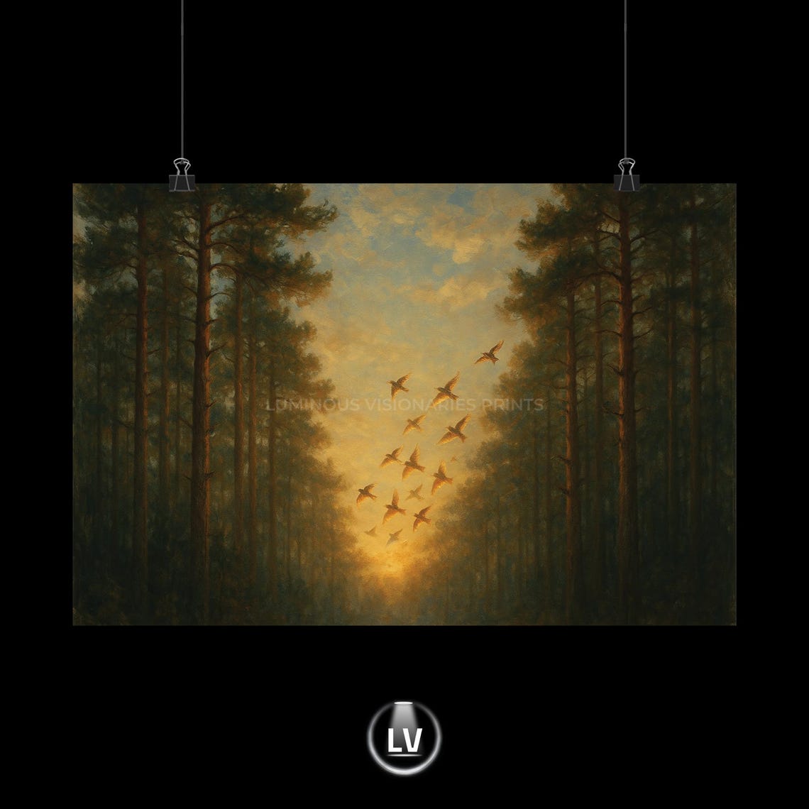 Flock of Birds Flying Through Pine Forest at Sunset Art Poster