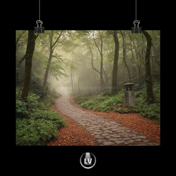 Misty Forest Path Stone Walkway Foggy Woodland Calming Nature Poster