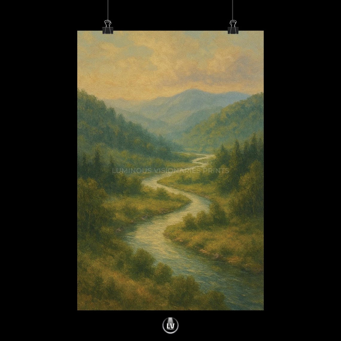 Serene Winding River Through Misty Mountains Vintage Art Poster