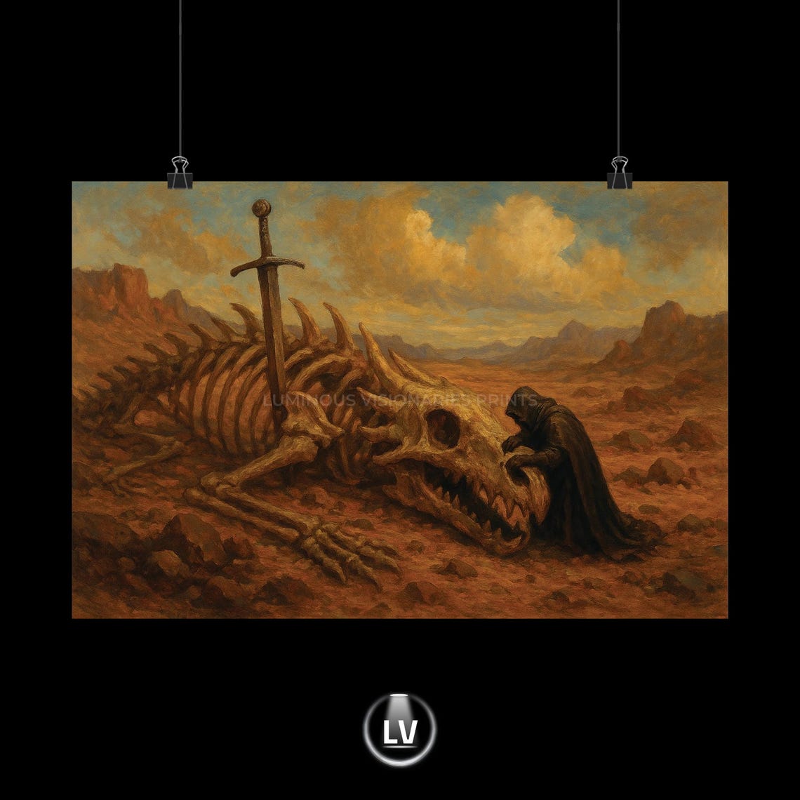 Hooded Wanderer Dragon Skeleton Desert Sword Dark Fantasy Poster