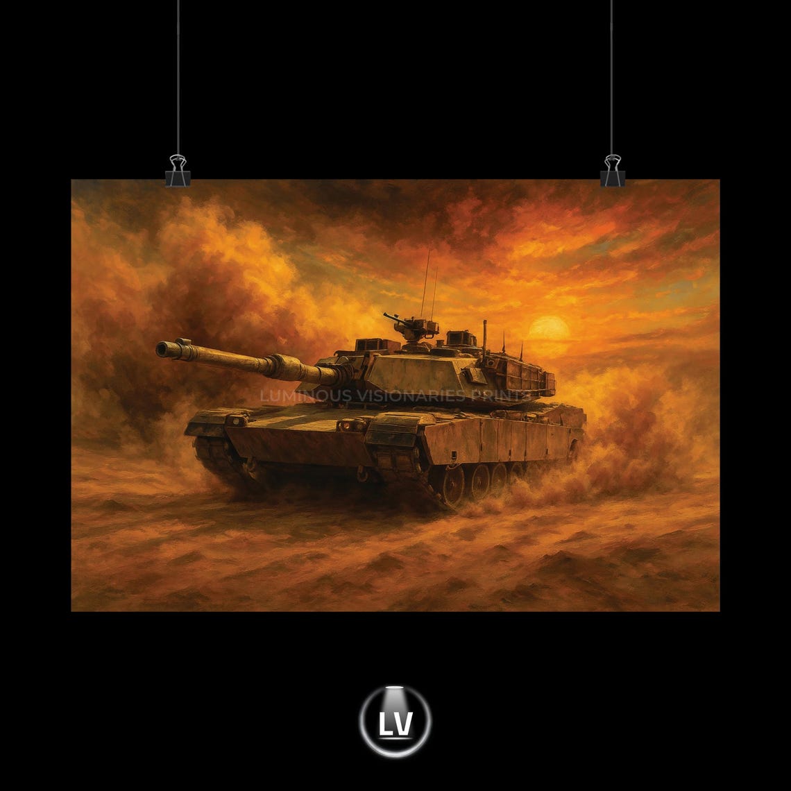 Desert Warrior Abrams Tank Battle Poster Fiery Sunset Military Oil Art