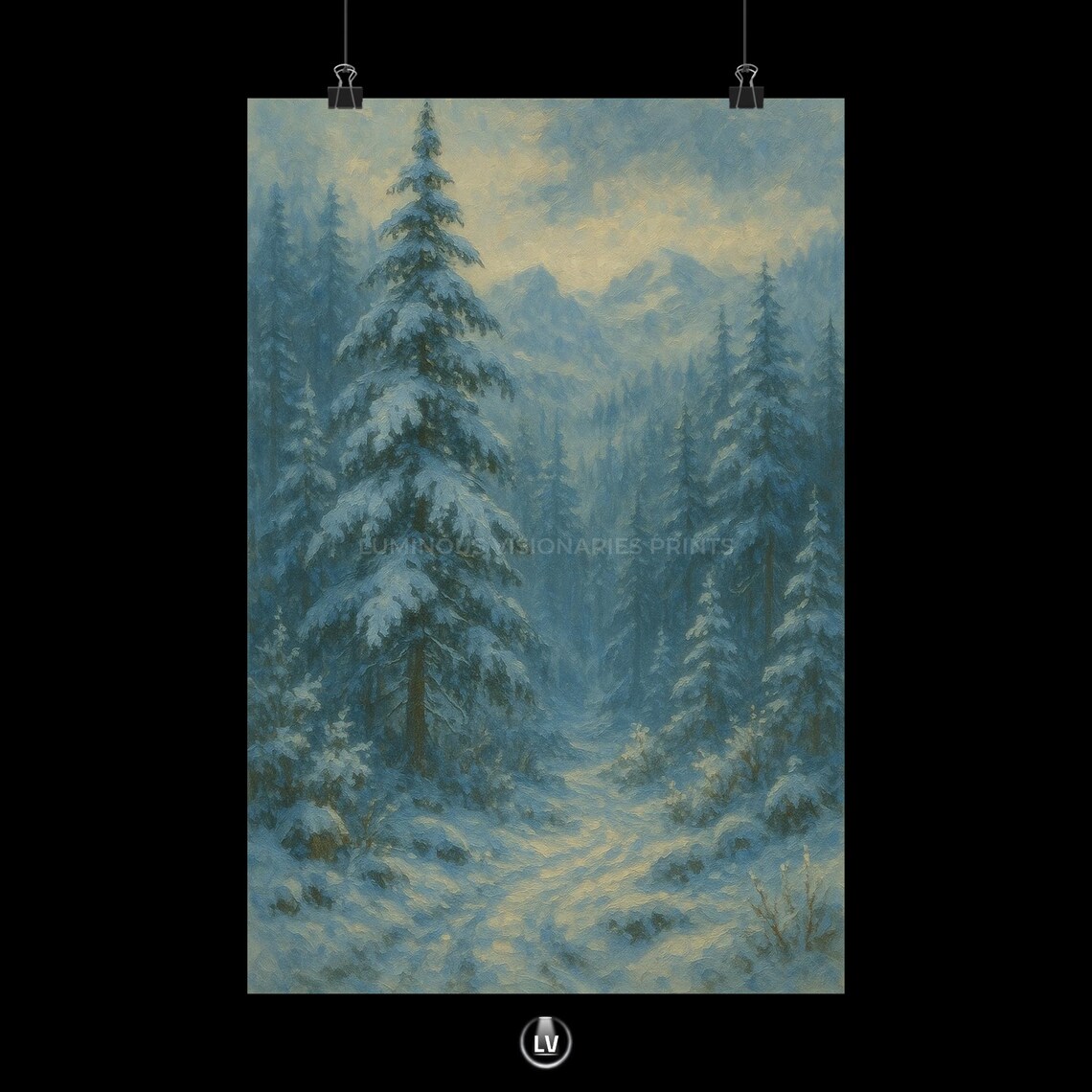 Serene Winter Poster, Snowy Forest Nature Decor