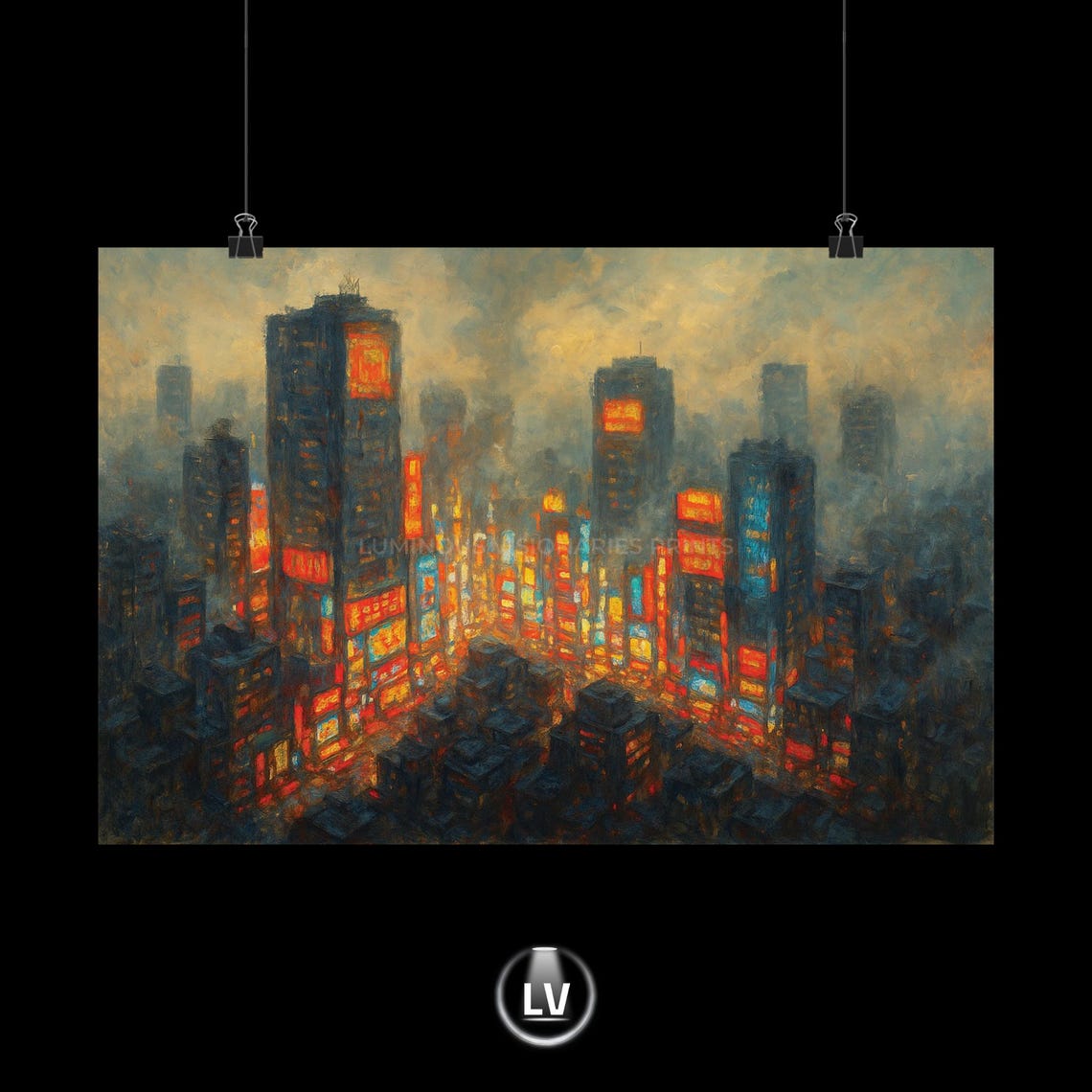 Neon Lit City Skyline at Night Glowing Signs Moody Urban Art Poster