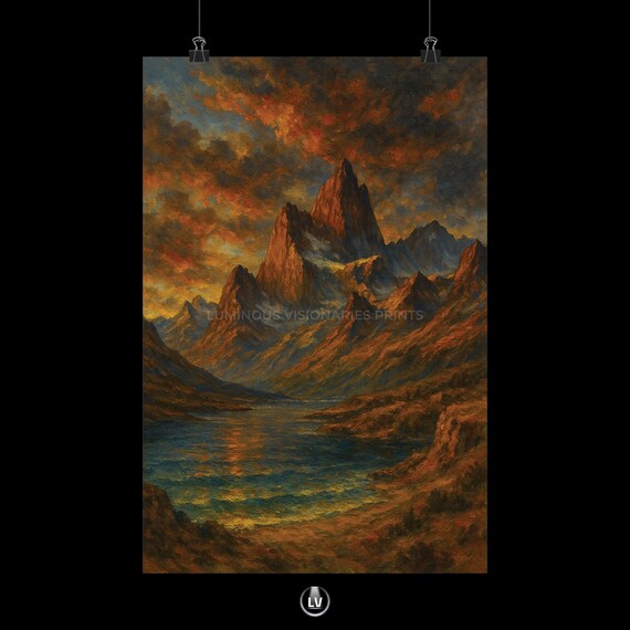 Dramatic Mountain Peaks Sunset Alpine Lake Landscape Painting Poster