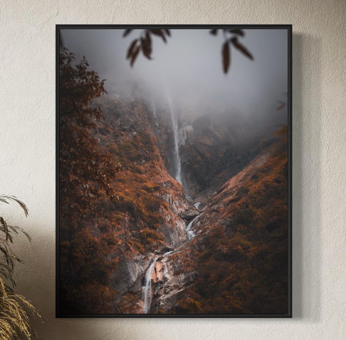 Nepal Misty Mountain Waterfall Autumn Landscape Photo Art Poster