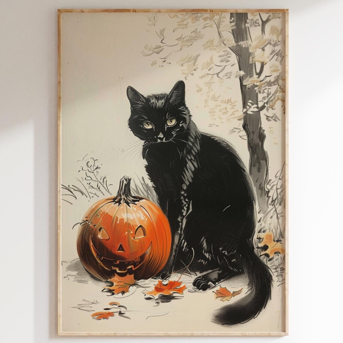 Black Cat and Jack O Lantern Sketch Vintage Halloween Fall Wall Art Poster