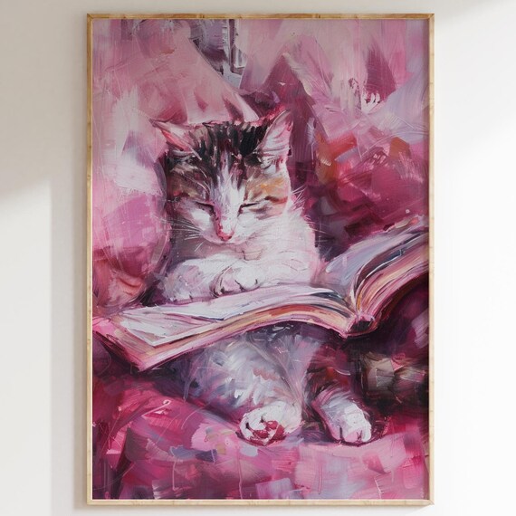 Sleeping Kitten Curled On Open Book Pink Painterly Cute Cat Reading Poster