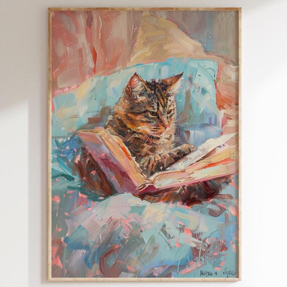 Tabby Cat Reading Open Book Colorful Impressionist Cat Lover Wall Art Poster