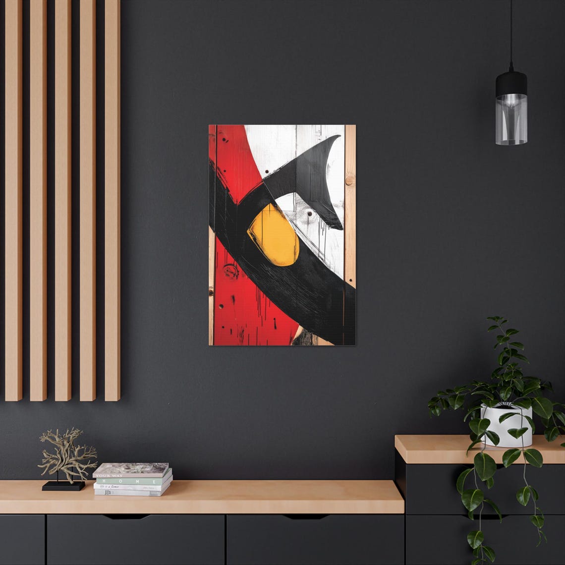 Abstract Red Black White Wood Texture Art Mustard Yellow Shape Poster
