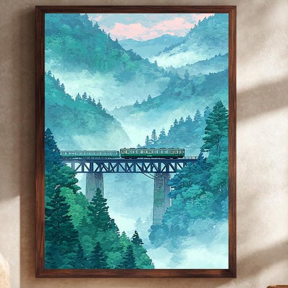 Scenic Mountain Train Journey Wall Art Misty Forest Railway Bridge Landscape Illustration Print For Travel And Nature Lovers