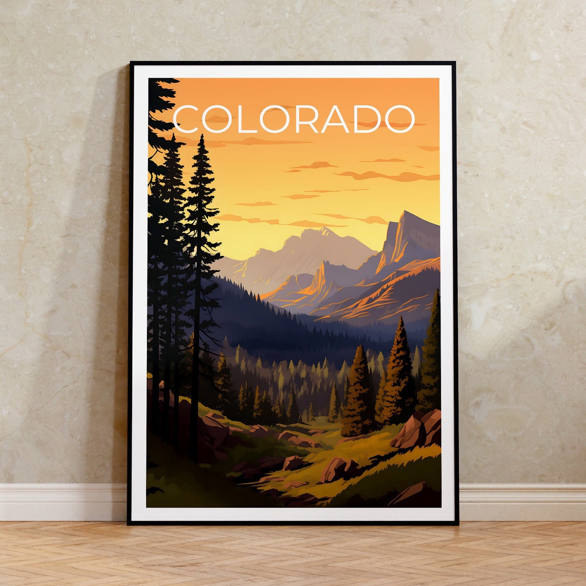 Colorado Rocky Mountains Sunset Valley Pine Forest Travel Poster