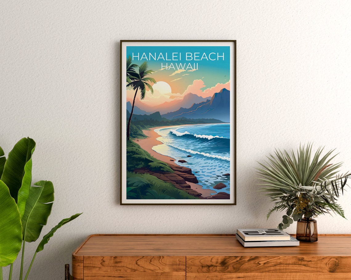 Hanalei Beach Hawaii Sunset Waves Palm Tree Mountain Bay Travel Poster - Image 3