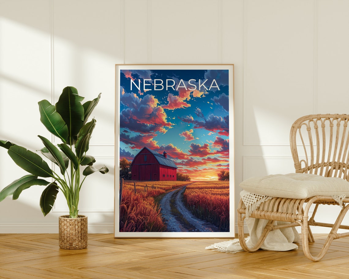 Nebraska Prairie Red Barn Golden Wheat Field Sunset Travel Poster - Image 2