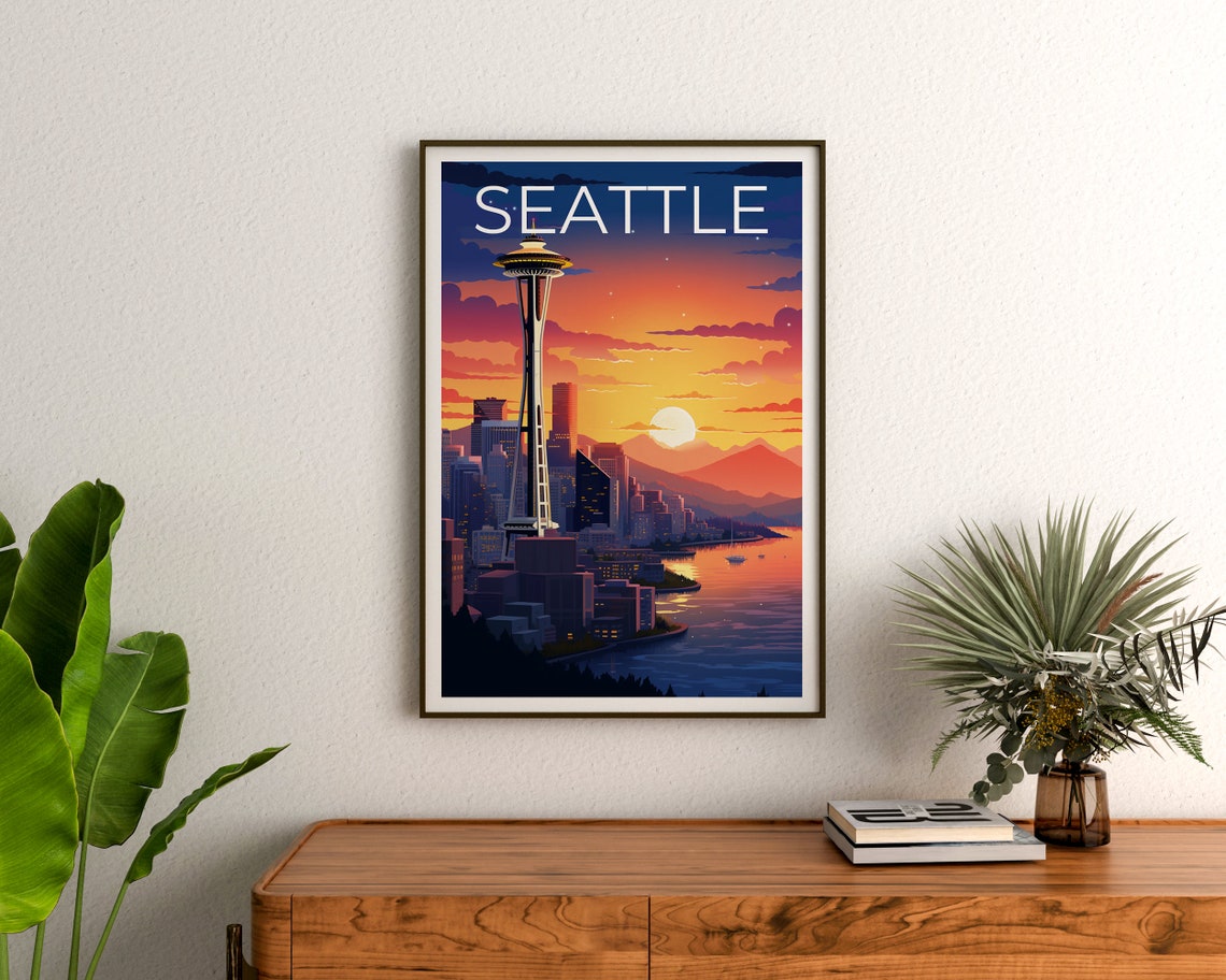 Seattle Space Needle Sunset Elliott Bay Skyline Travel Poster - Image 3