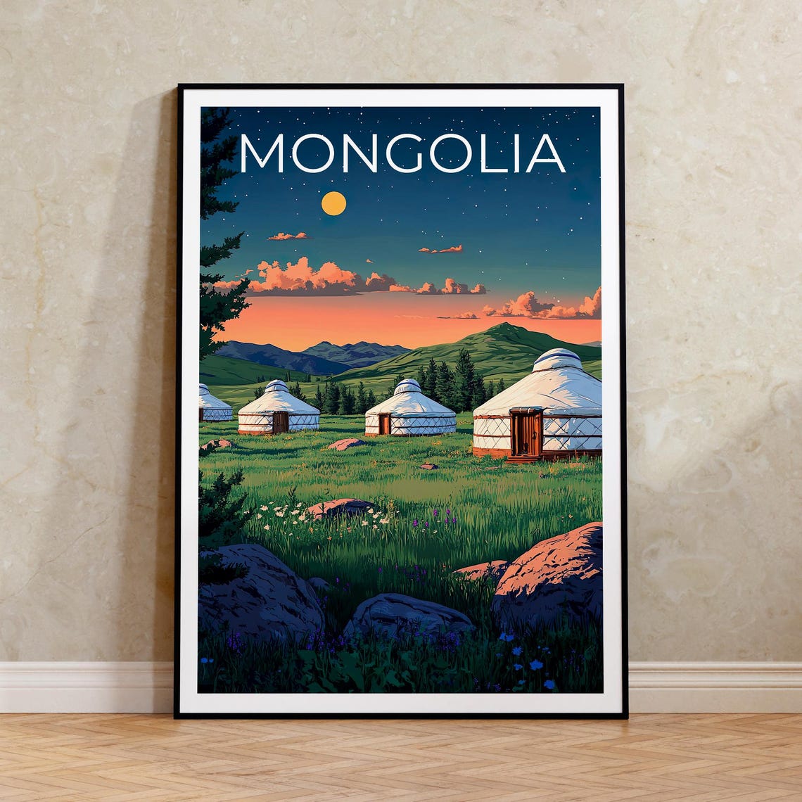 Mongolia Steppe White Yurts Gers Dusk Starry Night Sky Travel Poster