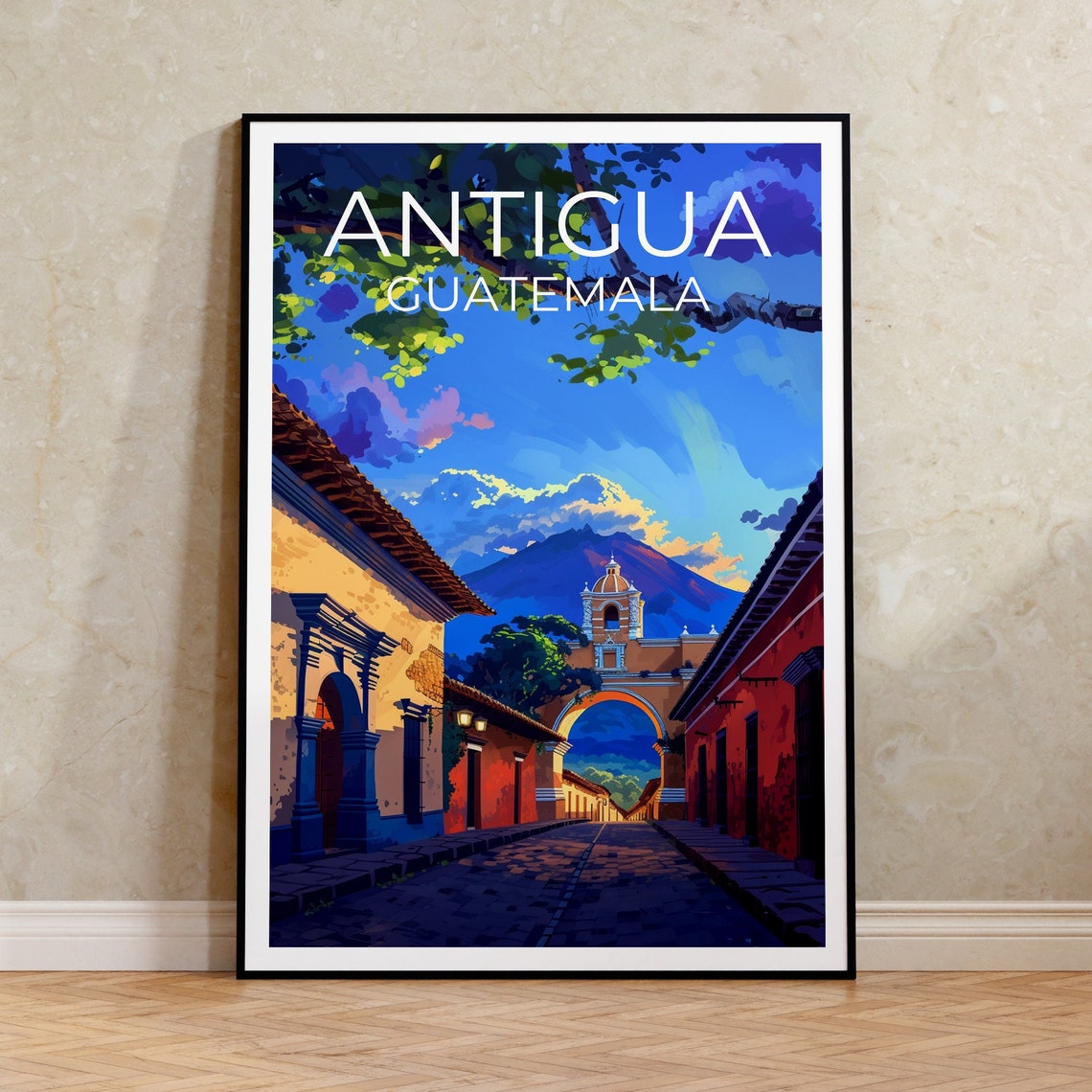 Antigua Guatemala Colonial Arch Volcano Cobblestone Street View Poster
