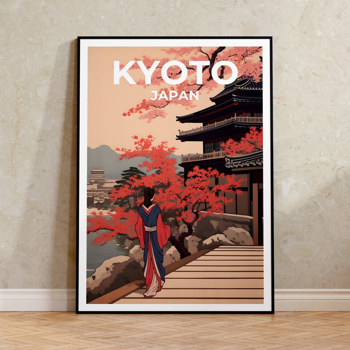 Kyoto Travel Poster, Japanese Temple Art Print