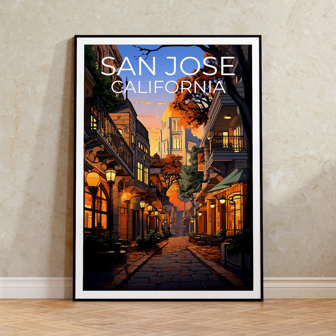 San Jose California Old Town Street Lamps Dusk Cityscape Travel Poster