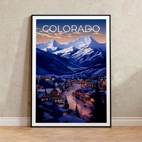 Colorado Mountain Town Winter Night Snowy Peaks Travel Poster