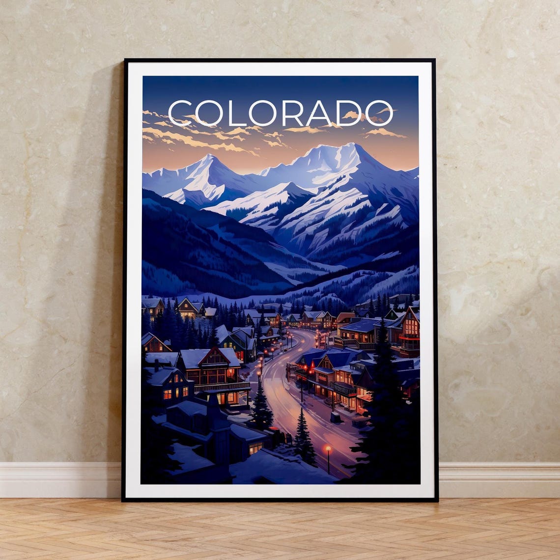 Colorado Mountain Town Winter Night Snowy Peaks Travel Poster